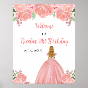 Blond Haar Prinses Roze Bloemen Verjaardag Welkom Poster