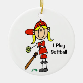 Blond haar stickfiguur softbal vrouw keramisch ornament