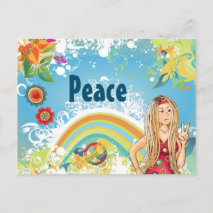 Blond Hippie meisje, bloemen en regenboog vrede Briefkaart