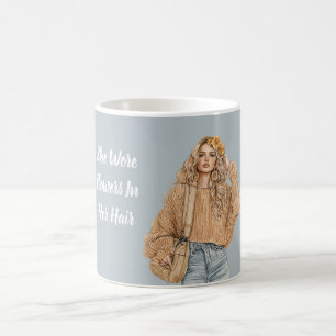 Blond Jeans Bloemen in Haar Koffiemok