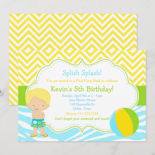 Blond Jongen Pool Feest Bash Feest Kaart (Voorkant / Achterkant)