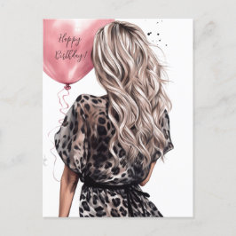 Blond meisje achter roze ballon luipaardjurk briefkaart