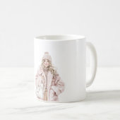 Blond meisje bloost roze hoed jas koffiemok (Voorkant rechts)