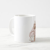 Blond meisje bloost roze hoed jas koffiemok (Voorkant links)