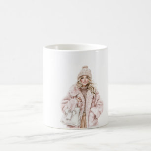 Blond meisje bloost roze hoed jas koffiemok