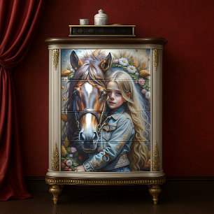 Blond meisje en bruin paard Denim bloemendecoupeer Tissuepapier