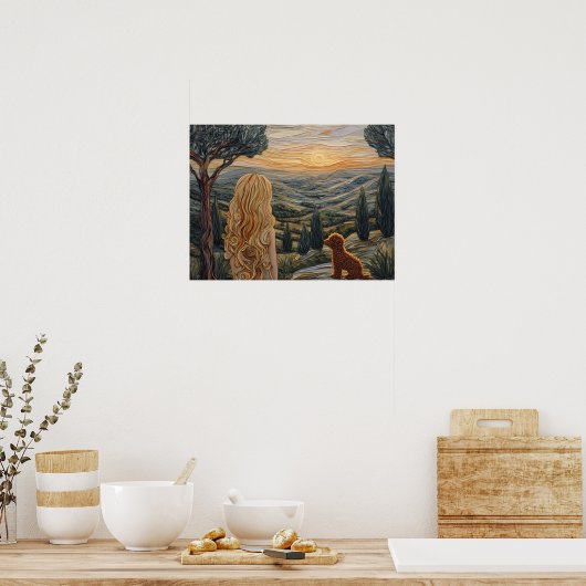 Blond meisje ,hond, wandelen, zonsondergang, berge poster (Keuken)