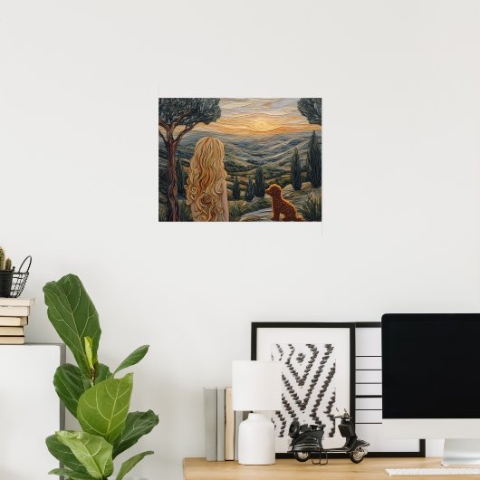 Blond meisje ,hond, wandelen, zonsondergang, berge poster (Thuiskantoor)