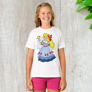 Blond meisje in blauwe prinsessenjurk met vlinder t-shirt