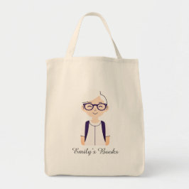 Blond meisje met bril gepersonaliseerd bibliotheek tote bag