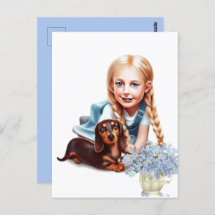 Blond Meisje met Dachshund Puppy Briefkaart