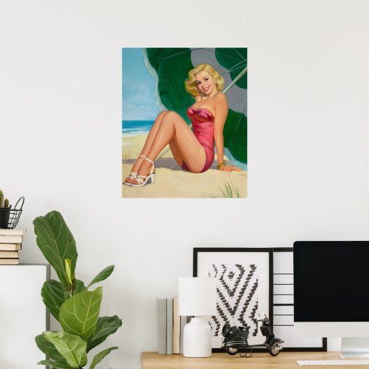 Blond Meisje Onder Strand Paraplu Pin Up Poster (Thuiskantoor)