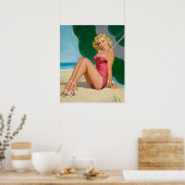 Blond Meisje Onder Strand Paraplu Pin Up Poster (Keuken)