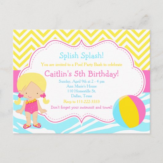 Blond meisje poolparty bash-feest briefkaart (Voorkant)