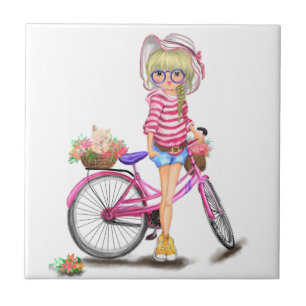 Blond meisje roze fiets tegel tegeltje