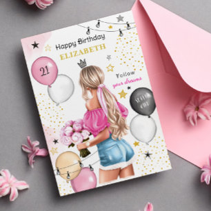 Blond meisje roze gouden ballonnen gelukkige verja feestdagen kaart