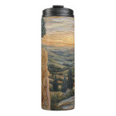 Blond meisje, wandelende bergen zonsondergang met  thermosbeker (Voorkant)