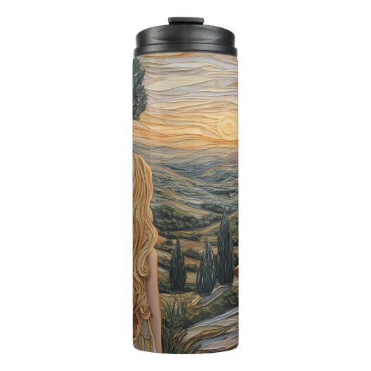 Blond meisje, wandelende bergen zonsondergang met  thermosbeker (Voorkant)