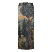 Blond meisje, wandelende bergen zonsondergang met  thermosbeker (Achterkant)