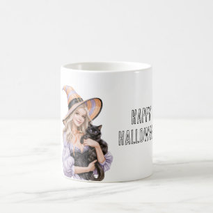 Blond Meisje Zwarte Kat Halloween Koffiemok