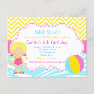 Blond meisje zwembadfeest bash-partij briefkaart