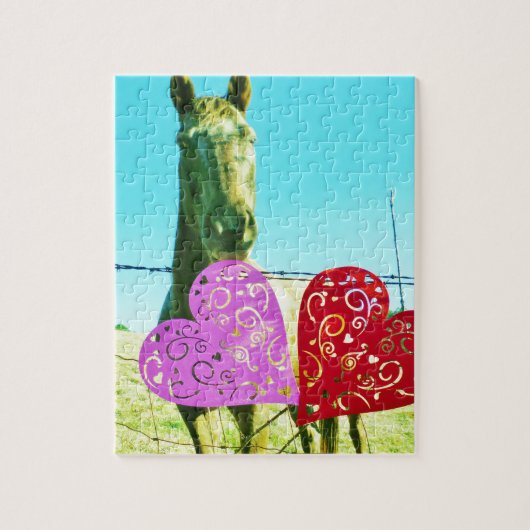 Blond paard en roze en rood hart legpuzzel (Verticaal)