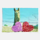 Blond paard en roze en rood hart theedoek (Horizontaal)