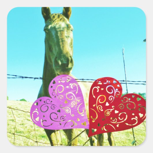 Blond paard en roze en rood hart vierkante sticker (Voorkant)