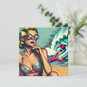  blond retro vrouw en surfer man (Staand voorkant)