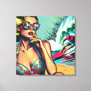  blond retro vrouw en surfer man canvas afdruk