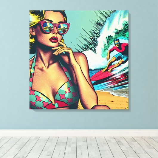blond retro vrouw en surfer man canvas afdruk (Insitu (Houten vloer))