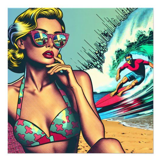 blond retro vrouw en surfer man foto afdruk (Voorkant)