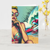  blond retro vrouw en surfer man kaart (Gele Bloem)