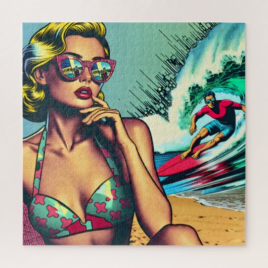  blond retro vrouw en surfer man legpuzzel (Verticaal)
