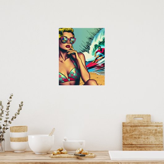 blond retro vrouw en surfer man poster (Keuken)