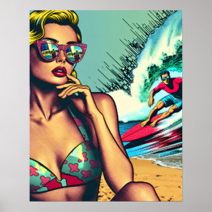  blond retro vrouw en surfer man poster