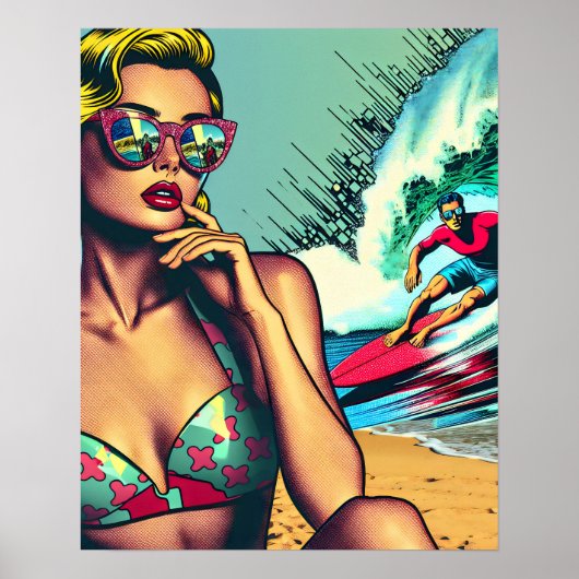 blond retro vrouw en surfer man poster (Voorkant)