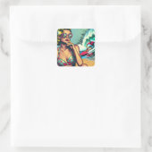 blond retro vrouw en surfer man vierkante sticker (Tas)