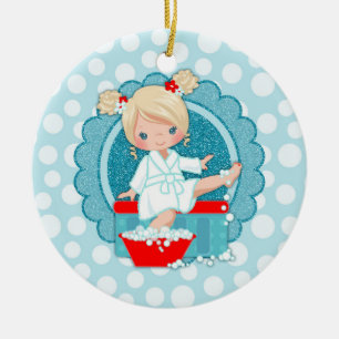 Blond Spa Meisje Bubbles Turquoise Rood Wit Keramisch Ornament