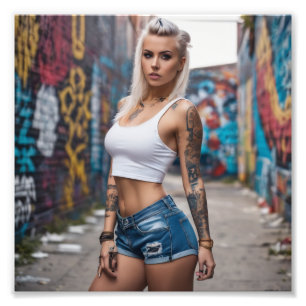 Blond Tattoo Punk Meisje in Graffiti Alley Foto Afdruk