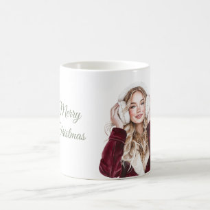 Blond Vrouw Burgundy Jas Kerstmis Koffiemok