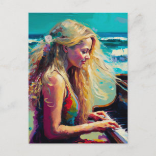 Blond vrouw die piano speelt op het strand briefkaart