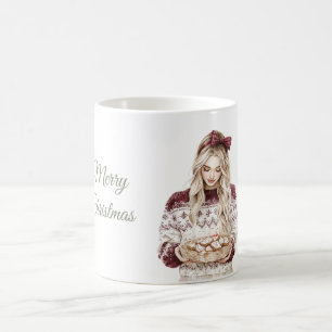 Blond Vrouw Groene Strik Burgundy Koekjes Kerstmis Koffiemok