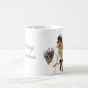 Blond Vrouw Wit Jas Burgundy Strik Kerstmis Koffiemok