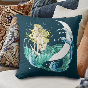 Blond Zeemeermin Maan Fantasy Art Deco Kussen