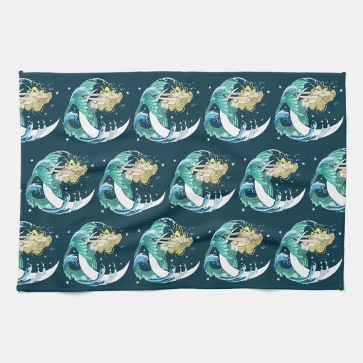 Blond Zeemeermin Maan Fantasy Art Deco Theedoek (Horizontaal)