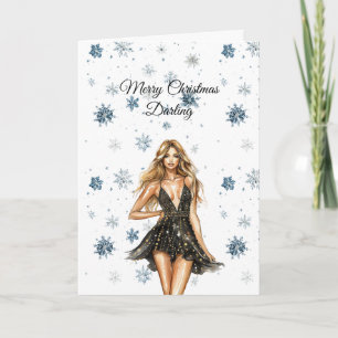 Blond Zwarte Jurk Sneeuwvlokken Kerstmis Kaart