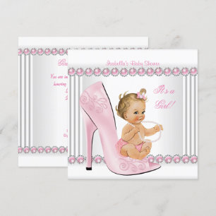 Blonde Baby shower Girl Pink Pearl High Hiel Shoes Kaart