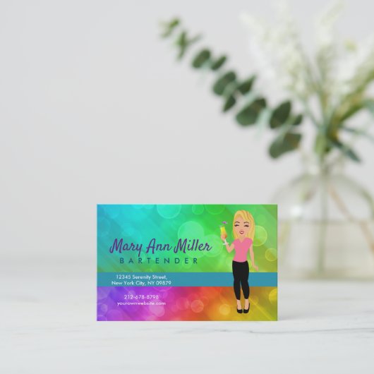 Blonde barbtender carte de visite (Debout devant)