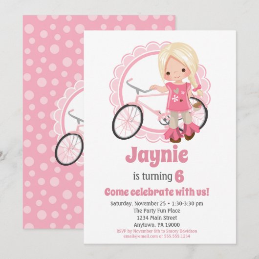 Blonde Bicycle Girl Anniversaire Invitation (Devant / Derrière)